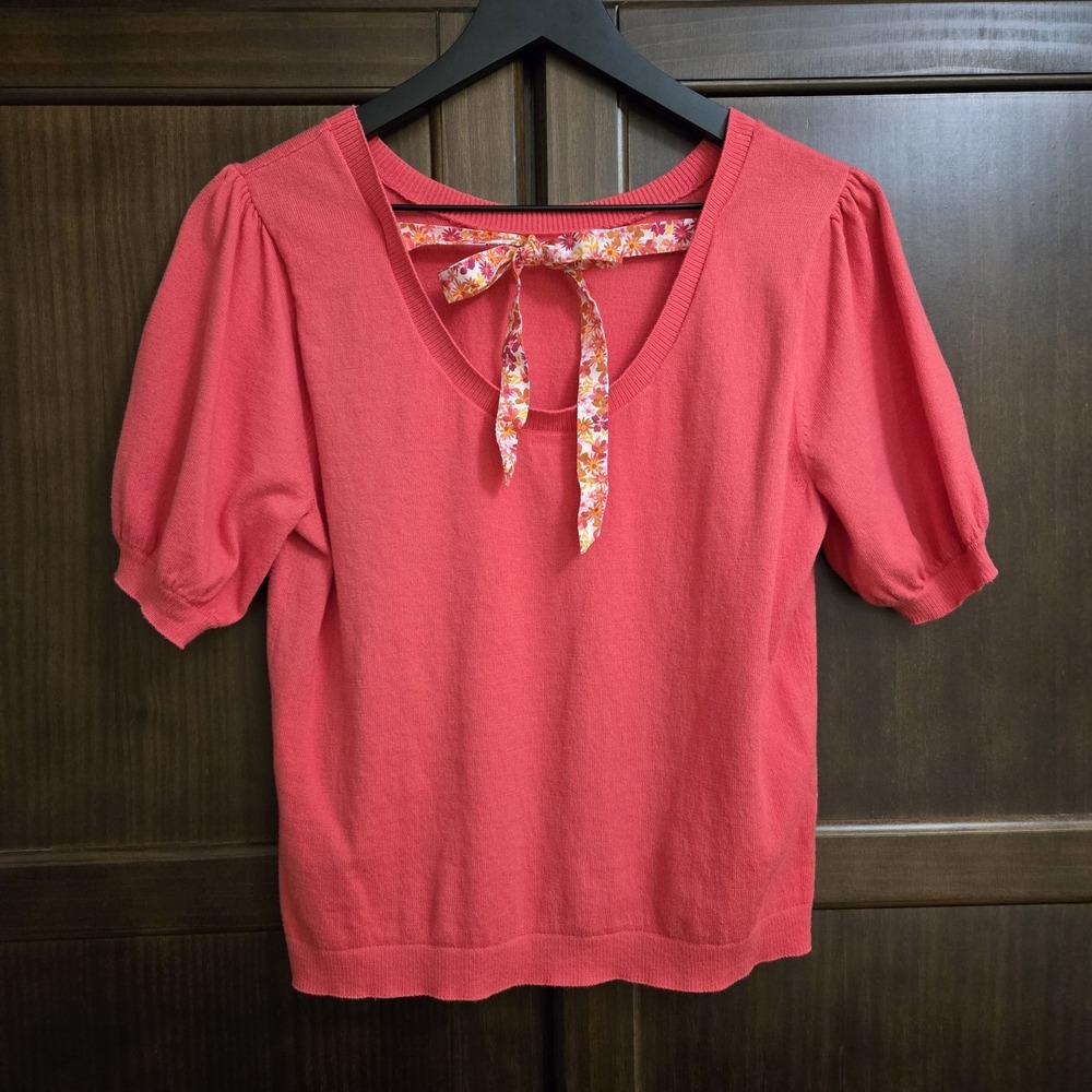 J Crew Womens Medium Coral Pink Floral Bow Puff Sleeve Knit Top Cottagecore Gran